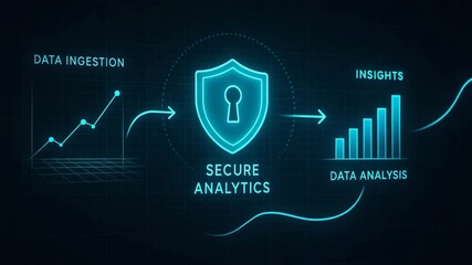 A futuristic illustration of secure analytics showcasing data ingestion, insights, and data analysis with a shield symbolizing protection over collected data. - Powered by Adobe