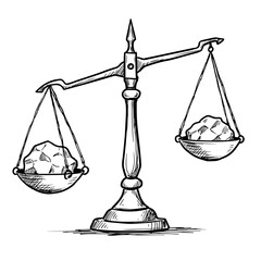 Antique scales with rough stones in balance.  This illustration depicts an old fashioned weighing scale with two rough stones of equal weight.  This image fx is perfect for legal, justice,