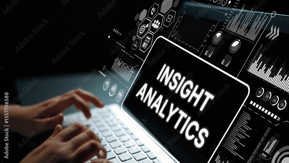 Poster hands typing on laptop displaying insight analytics with data charts and graphs representing busines