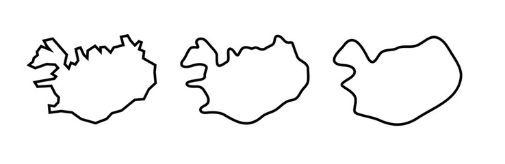 Iceland country black outline silhouettes in three different levels of smoothness. Simplified maps. Vector icons isolated on white background.