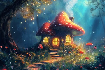Whimsical Fairy Home Illustration: Enchanting Elven Cottage Surrounded by Vibrant Mushrooms and Magical Flowers