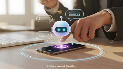 AI Assistant Technology: A cutting-edge visual showcasing a sophisticated AI assistant, interacting seamlessly with a smartphone on a desk.