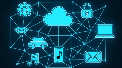 A futuristic network illustration featuring cloud computing, device connectivity, and digital data exchange symbols - Powered by Adobe