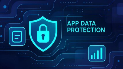 A digital representation of app data protection, featuring a secure shield, padlock, and graphical data indicators. Ideal for themes on cybersecurity and data privacy. - Powered by Adobe