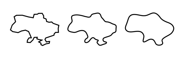 Ukraine country black outline silhouettes in three different levels of smoothness. Simplified maps. Vector icons isolated on white background.