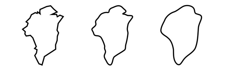 Greenland black outline silhouettes in three different levels of smoothness. Simplified maps. Vector icons isolated on white background.
