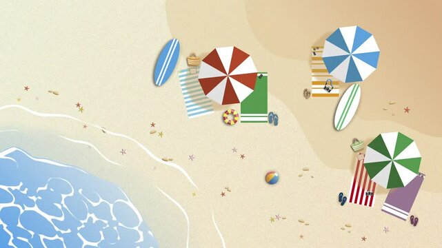 Animated 2D top view beach background scene in flat vector style with moving waves and static umbrellas, towels, and surfboards. Perfect for summer, travel or vacation themes
