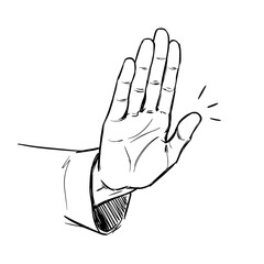 Hand gesture stop sign. Simple hand drawn illustration showing open palm. Stop signal for presentations, social media graphics, or website design.