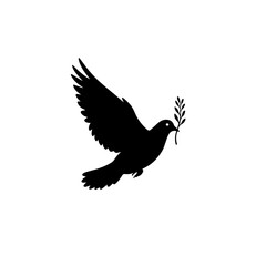 Obraz premium Dove carrying olive branch peace symbol. Peaceful dove silhouette design for international day of peace celebration. Elegant dove image for social media post promoting peace and unity.