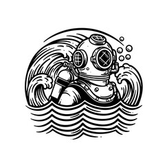 Vintage diving helmet emerges from ocean waves, old fashioned suit visible. Classic diving helmet, with round viewport, represents deep sea exploration for Shark Awareness Day.