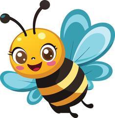 Adorable Cartoon Bee with Big Eyes and Blue Wings – Vector Illustration