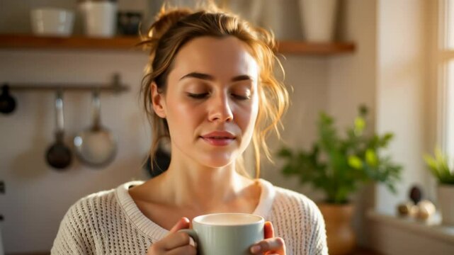 Young woman enjoying a cup of coffee while relaxing at home  