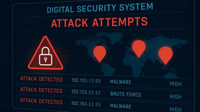 A visual representation of a digital security system displaying real-time attack attempts. It highlights various threats like malware and brute force attacks on a global map.