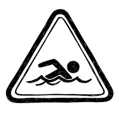 Water safety warning sign illustration. Triangular warning symbol depicts person swimming in wavy water. Simple graphic design for public awareness campaigns, educational materials,