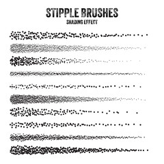 Fototapeta premium Ink scatter brush, stipple drawing and texturing. Fading gradient. Stippling, dotwork drawing, shading using dots. Halftone disintegration effect. White noise grainy texture. Vector illustration