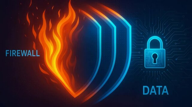 An abstract representation of digital security featuring a firewall symbol with flames, safeguarding data