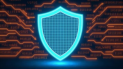 A futuristic digital shield symbolizing cybersecurity, glowing brightly against a dark background filled with binary code and keywords like virus and malware, representing online p - Powered by Adobe