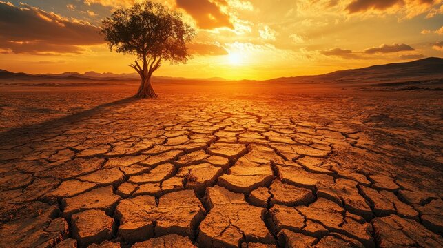 Dying Landscape: Twilight Desert Wasteland with Cracked Soil and Brown Trees Reflecting Climate Change