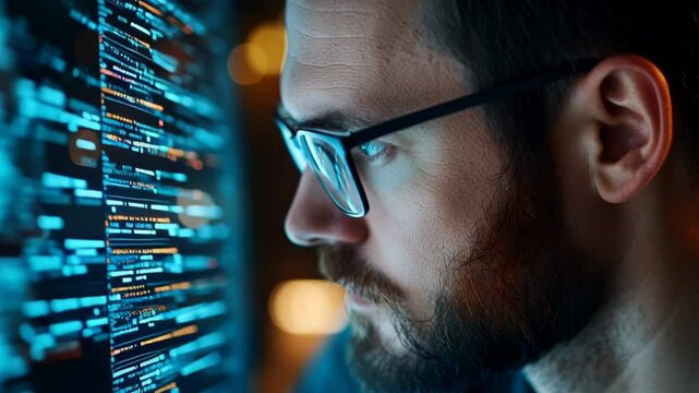 Code Wizard A focused professional peers intently at the glowing screen, with data streams flashing before his eyes. Capturing a moment of intense concentration and expertise in the digital realm.