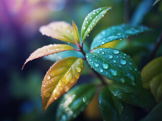 Close-up of vibrant leaves covered in dew drops on a plant in the garden