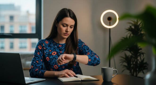 Young professional woman checking time on smartwatch while reading book at modern office desk with laptop and coffee mug during work break
