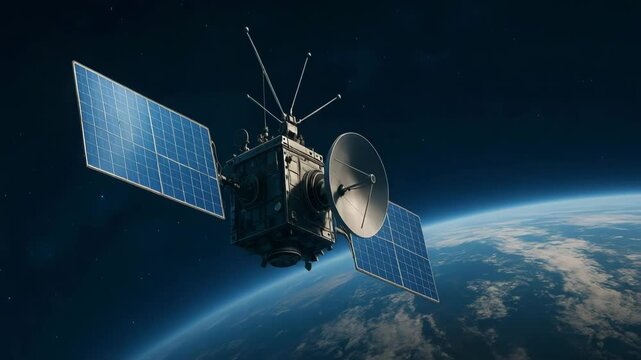 A detailed view of a satellite orbiting Earth, showcasing solar panels and communication dishes, symbolizing modern technology and space exploration