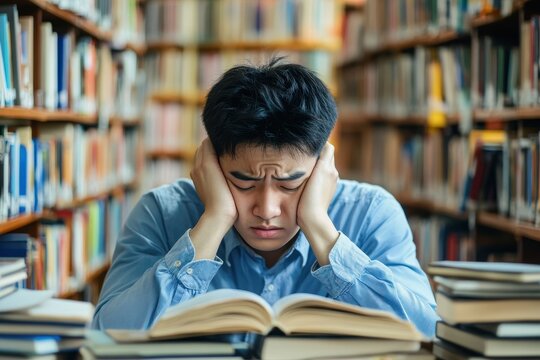 Anxiety-Ridden Student: Asian Male Struggling with Exam Stress and Fatigue in Library