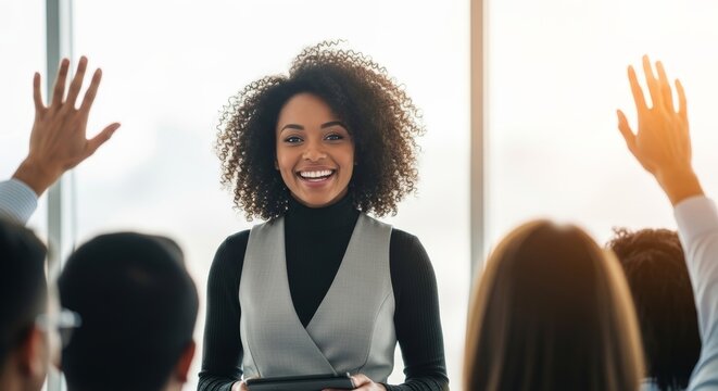 Smiling Female Executive Facilitating Engaging Workshop with Participants - Professional Training Image