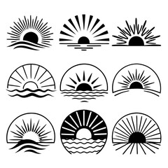 Sun rise set, sunset vector icons, sunburst rays collection	
