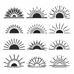 Sun rise set, sunset vector icons, sunburst rays collection	