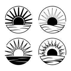 Sun rise set, sunset vector icons, sunburst rays collection	
