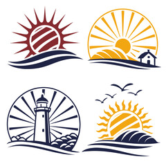 Sun rise set, sunset vector icons, sunburst rays collection	