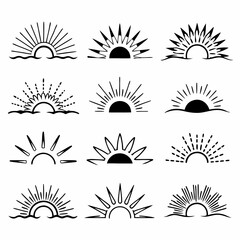 Sun rise set, sunset vector icons, sunburst rays collection	