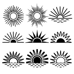 Sun rise set, sunset vector icons, sunburst rays collection	