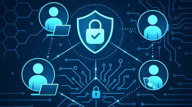 A digital illustration showcasing cybersecurity concepts with interconnected users, a shield, and locks symbolizing online protection and secure communication in the tech landscape