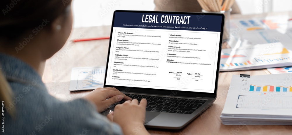 Poster digital legal contract provide terms and conditions document on computer screen ready for online dig