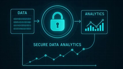A modern graphic illustrating secure data analytics. Features a padlock symbolizing data protection, with flow charts and data sets visualizing analytical processes.