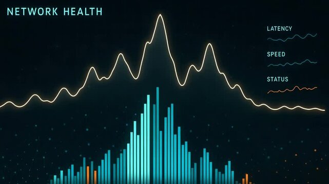 Visual representation of network health, showcasing latency, speed, and status metrics through vibrant waveforms and bar graphs that highlight performance trends.