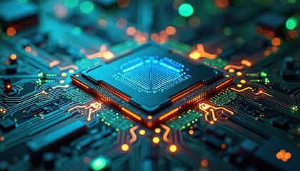 Futuristic quantum computer core in blue, green tones. Advanced data processing tech, information technology, innovation concept. Integrated circuit, digital network, high tech CPU, motherboard.