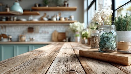 Rustic kitchen scene with wooden table and natural light