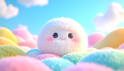 Fototapeta premium cute fluffy round character with big smiling eyes, sitting among soft colorful fuzzy