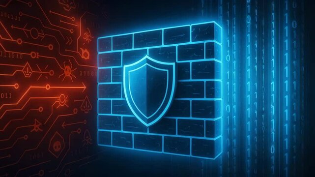 A digital illustration depicting a virtual firewall represented by a glowing shield and brick wall, symbolizing cybersecurity and data protection in modern technology.