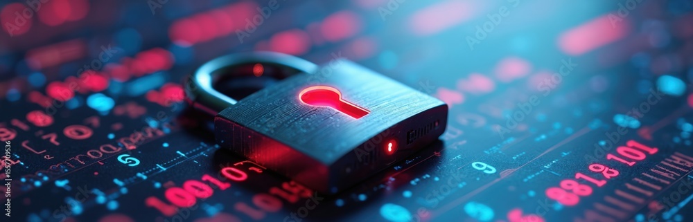 Poster digital lock on binary code background for cybersecurity. symbol of protection for internet security