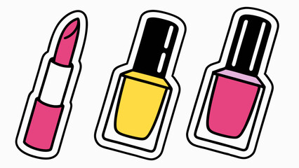 Vector illustration of cosmetics: lipstick and nail polish bottles in vibrant colors, trendy design