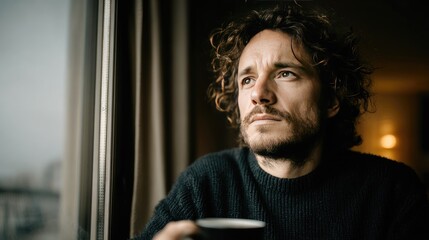 Pensive Man with Curly Hair Looking Through Window Holding Coffee Cup in Moody Lighting