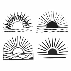 Sun rise set, sunset vector icons, sunburst rays collection	