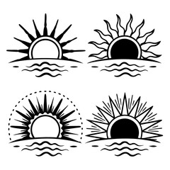 Sun rise set, sunset vector icons, sunburst rays collection	