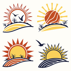 Sun rise set, sunset vector icons, sunburst rays collection	