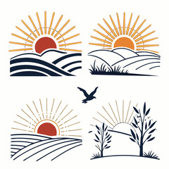 Sun rise set, sunset vector icons, sunburst rays collection	