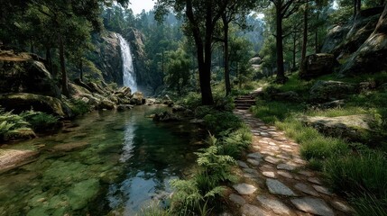 Scenic waterfall cascade in a lush forest with pathway